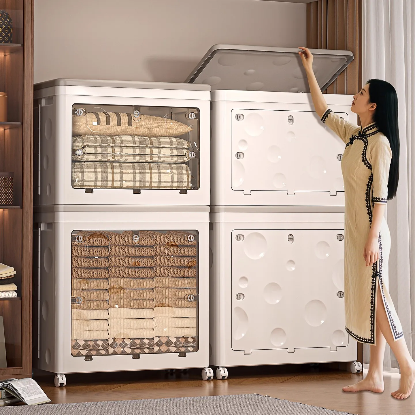 

Large Capaci Seasonal Clothes Quilt Storage Box Home Use Staable Wheel Mounted Organizing Case for Easy Clothing Storage