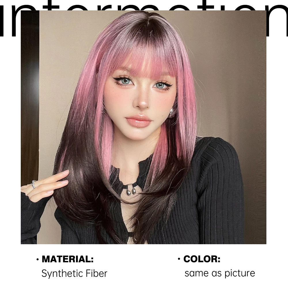 Long Straight Layered Wigs with Bangs Ombre Black to Pink Purple Synthetic Wig Cosplay Lolita Wig for Women Heat Resistant Fiber