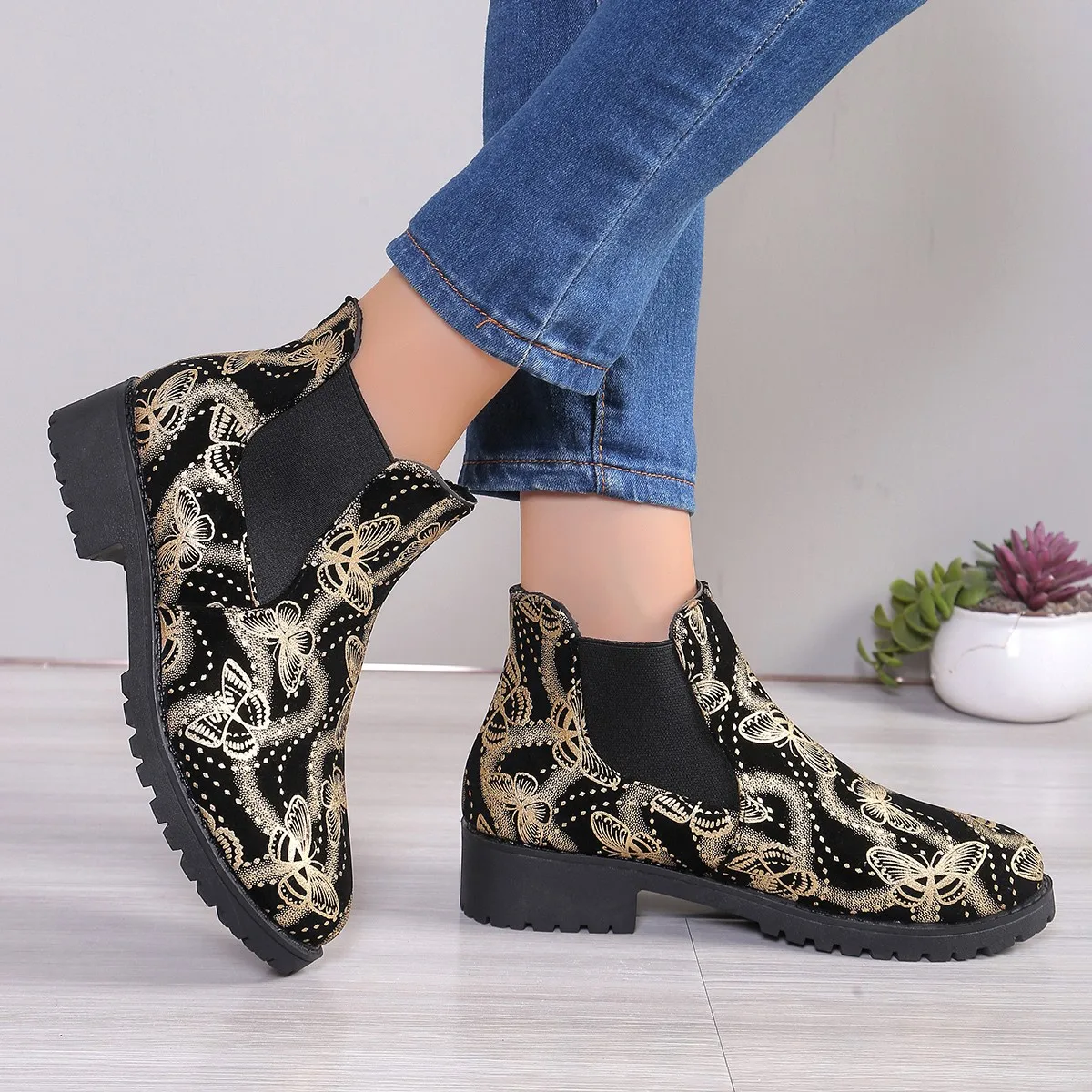 2024 Fall New Women\'s Fashion Ankle Boots Butterfly Pattern Black Gold Covered  Boots Women\'s Professional Chelsea Boots