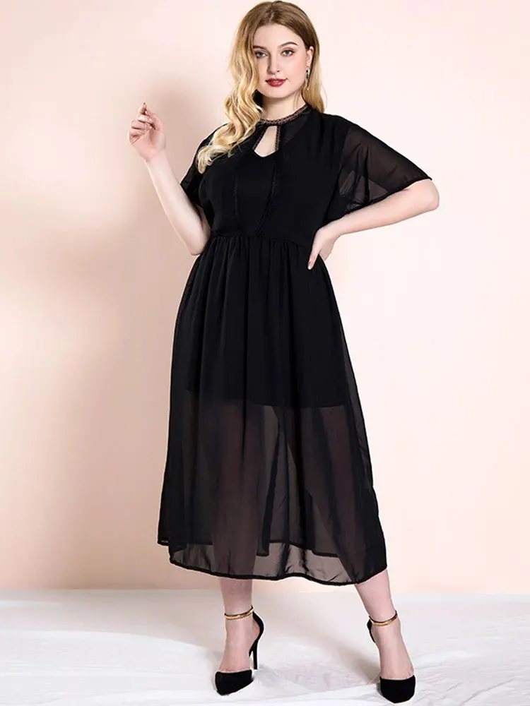 Monochromatische holle lange jurken voor dames polyester plus size elegant en mooi feest, casual zomerkleding goedkoop, 2024