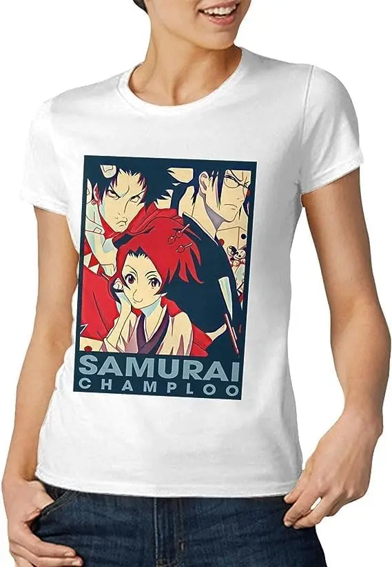 Samurai Anime Champloo Shirt Women's Fashion Short Sleeve Cotton T Shirts Quick Dry Pattern Custom Tee Tops Black