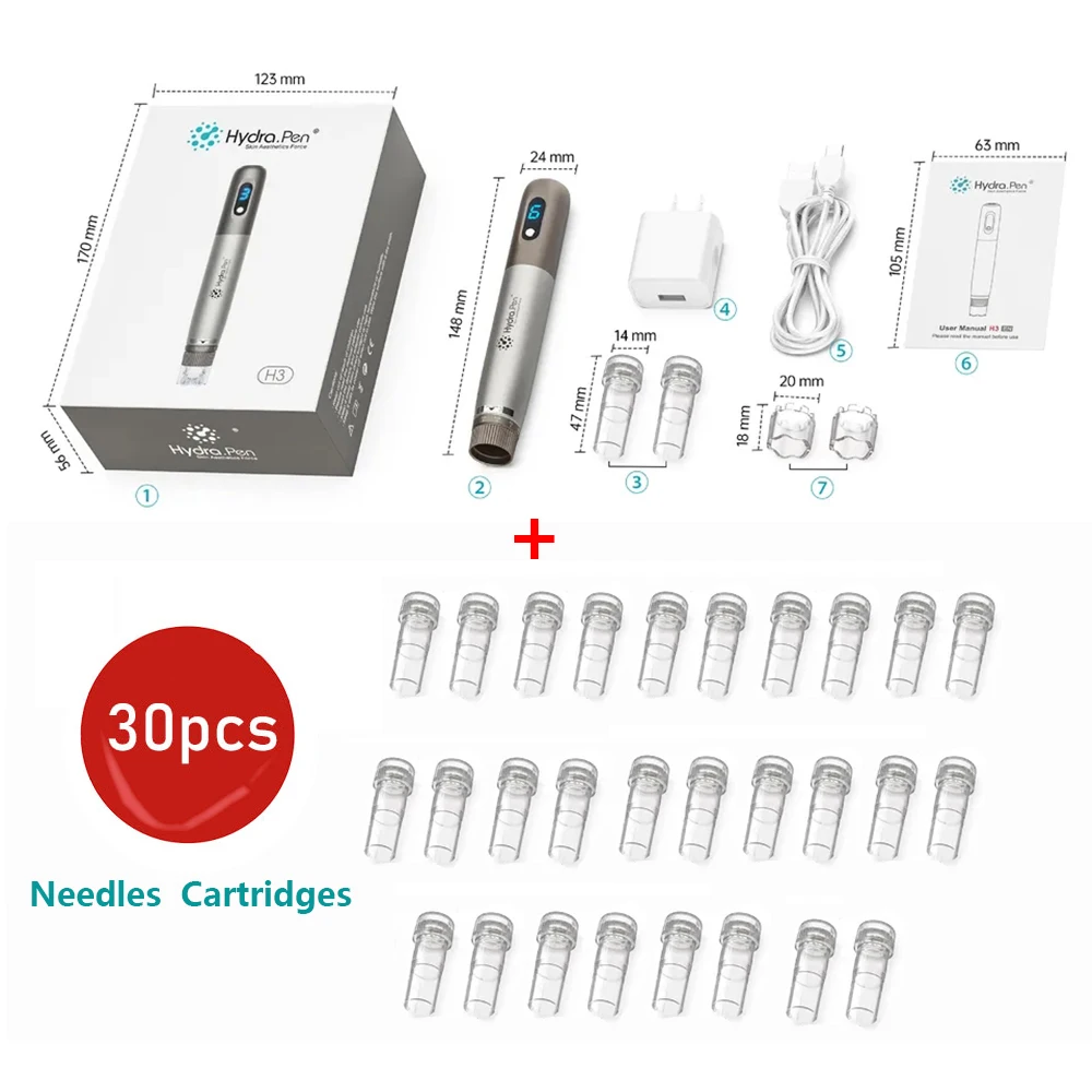 Aplicador de soro Hydra.Pen H3, Caneta Microneedling, Dispositivo de beleza para uso doméstico para crescimento e cuidados com a pele, cartuchos