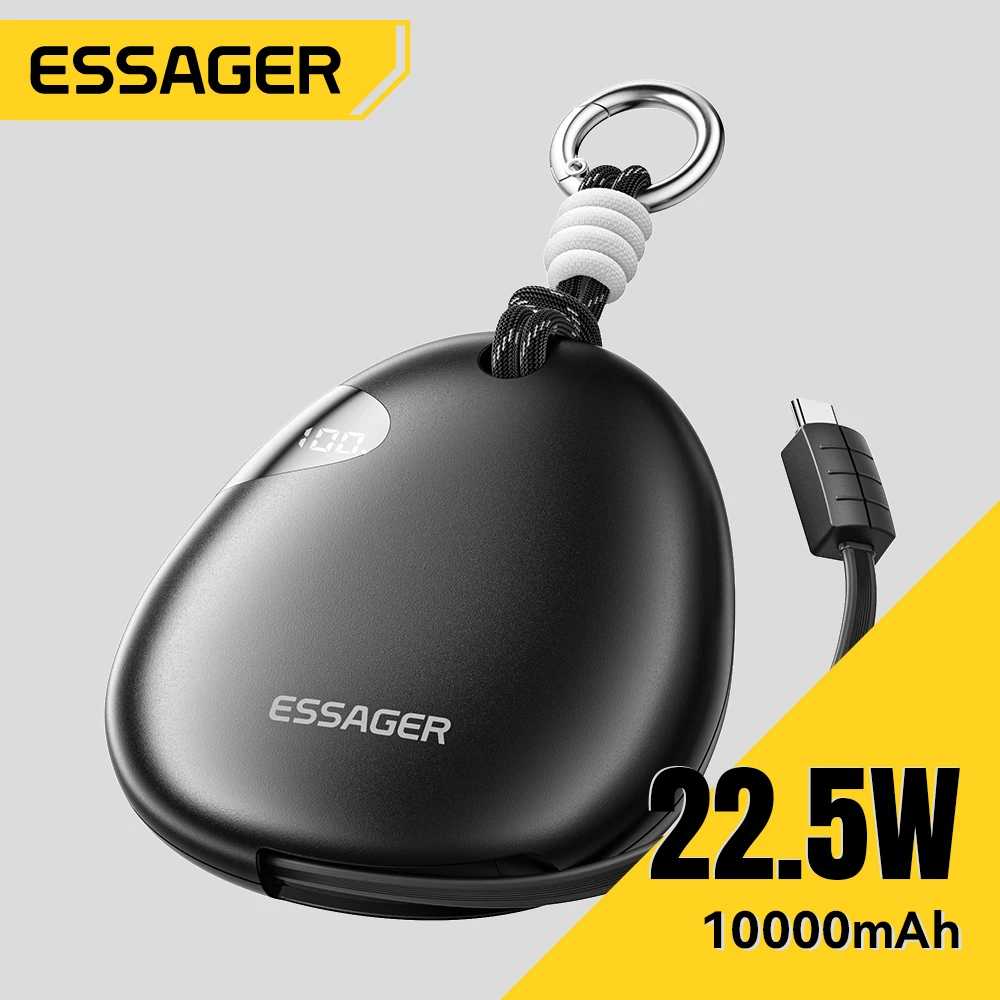 

Essager 10000mAh Digital Display Power Bank with Retractable 22.5W Fast Charger Built in Lighting SOS for Outdoor iPhone Xiaomi