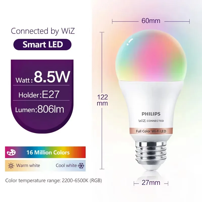 

Philips E27 8.5W WiZ E27 16 Million Full Color EyeComfort Light Frosted Dimmable Lamp Wi-Fi & Bluetooth LED Smart Bulb 220-240V