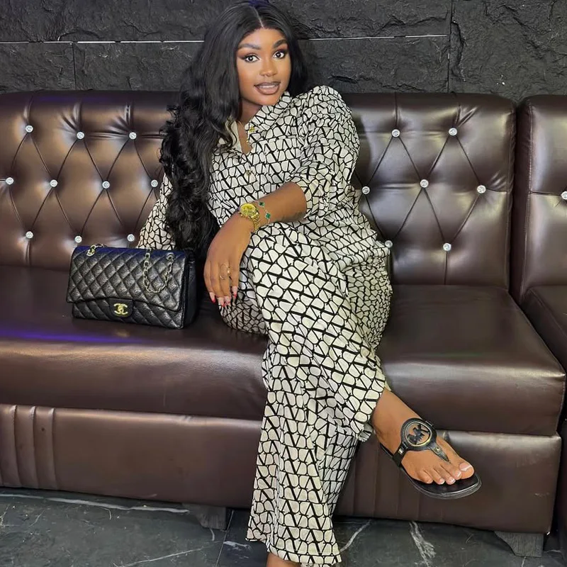 Plus Size African Women 2 Piece Set Geometric Print Long Sleeve Shirt & Wide Leg Pants Loungewear Casual Office Party Outfits