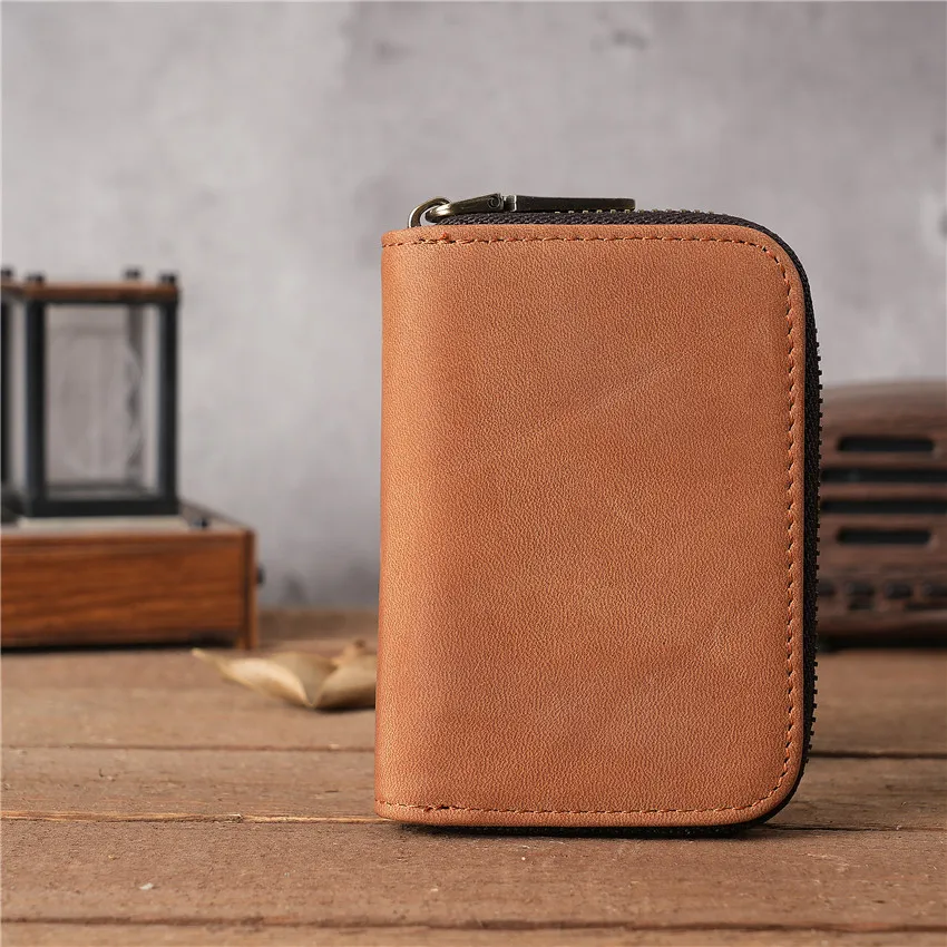 

Vintege Casual Genuine Leather Wallet Card Holder Purse Cowhide Crazy Horse Brown Deep Brown Zipper Coin Bag Clip