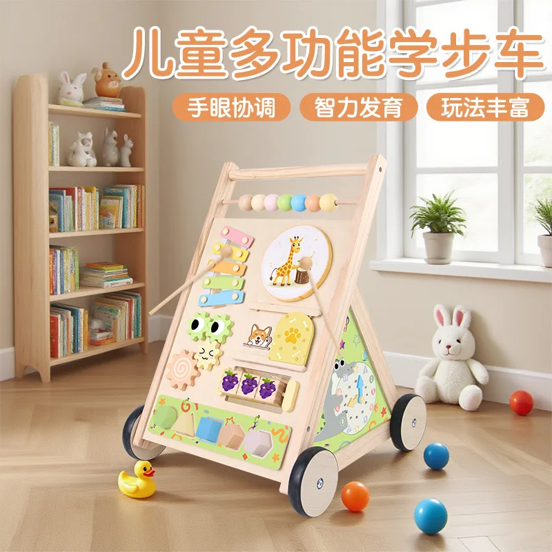 Wooden Baby Push Cart Piano Play Multifunctional Anti-Rollover Walking Trolley
