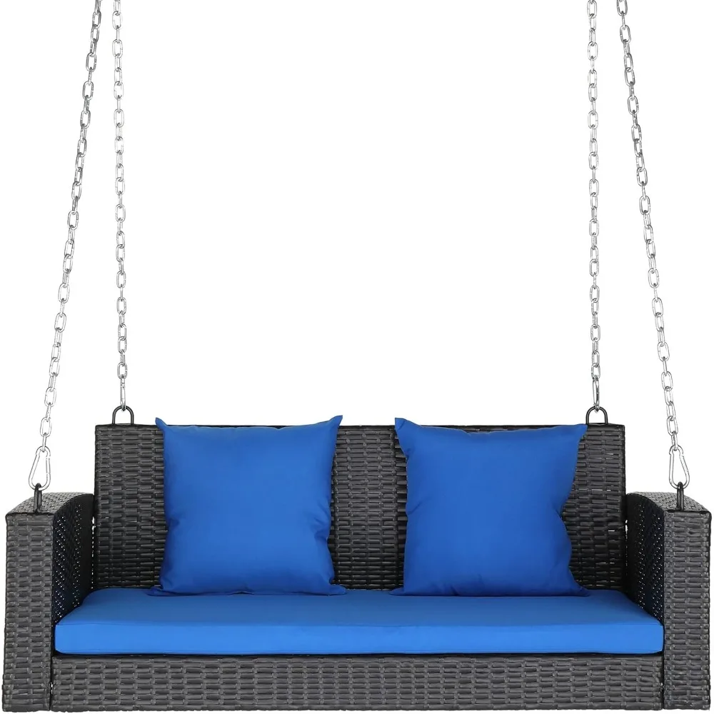 

Porch Swing 2 Person Hanging Bench, Wicker Outdoor Swing Bench with Cushion and Pillow for Patio, Yard, Garden Hold Up to 800 l