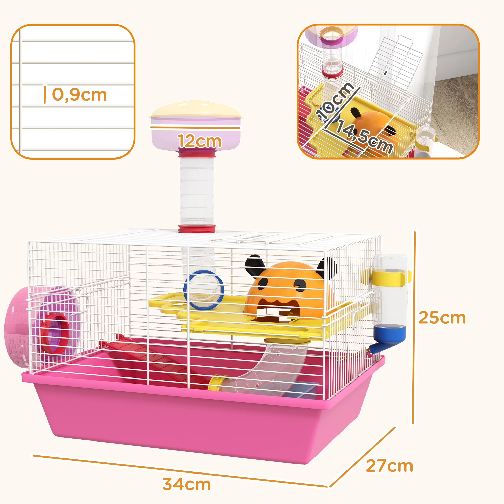 PawHut Jaula para Hámster con Bebedero Rueda de Ejercicio 34x27x25 cm Rosa