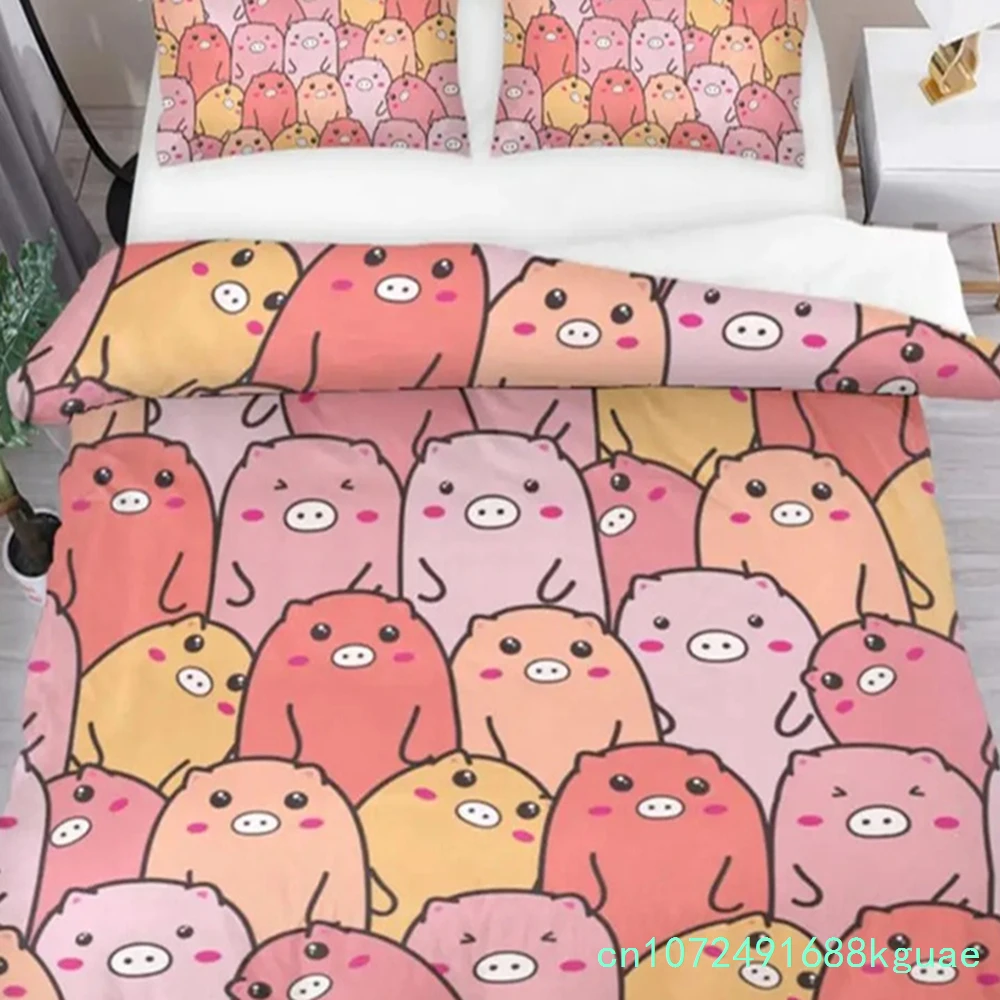 Cartoon Lovely Pig Duvet Cover Set Kawaii Animal Bedding Set King Microfiber Farmhouse Wildlife Theme Comforter Cover Pillowcase