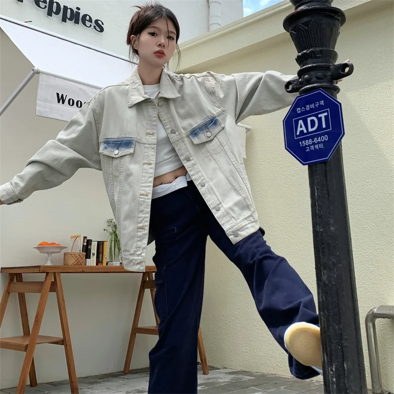 

Denim Coat Long Woman Womens Fall Wide Ribbed Oversized Standneck Pleated Drawstring Sportswear Checked Appliques Adjustable Y2K