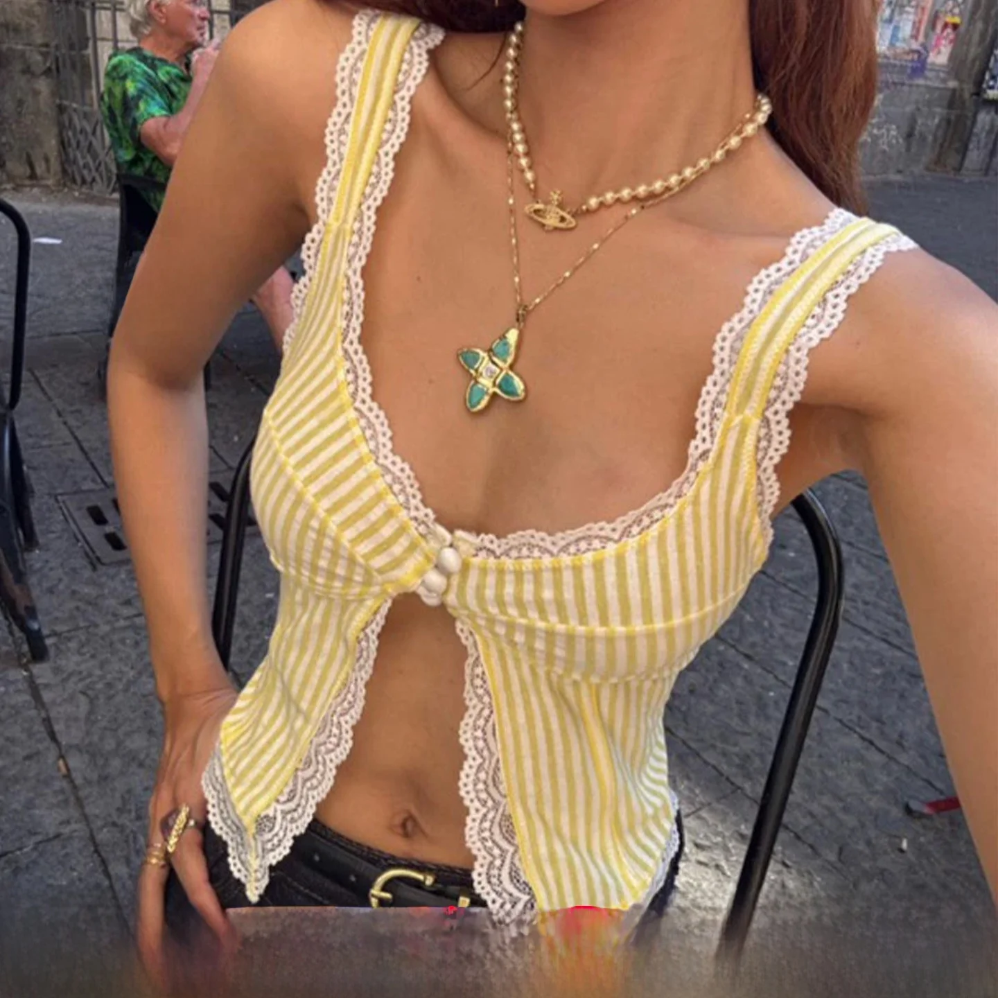 Summer Slimming Sexy Low Neck Stripe Lace Patchwork Short Vest Women's Fashion Print Breathable V-Neck Polyester  Outer...