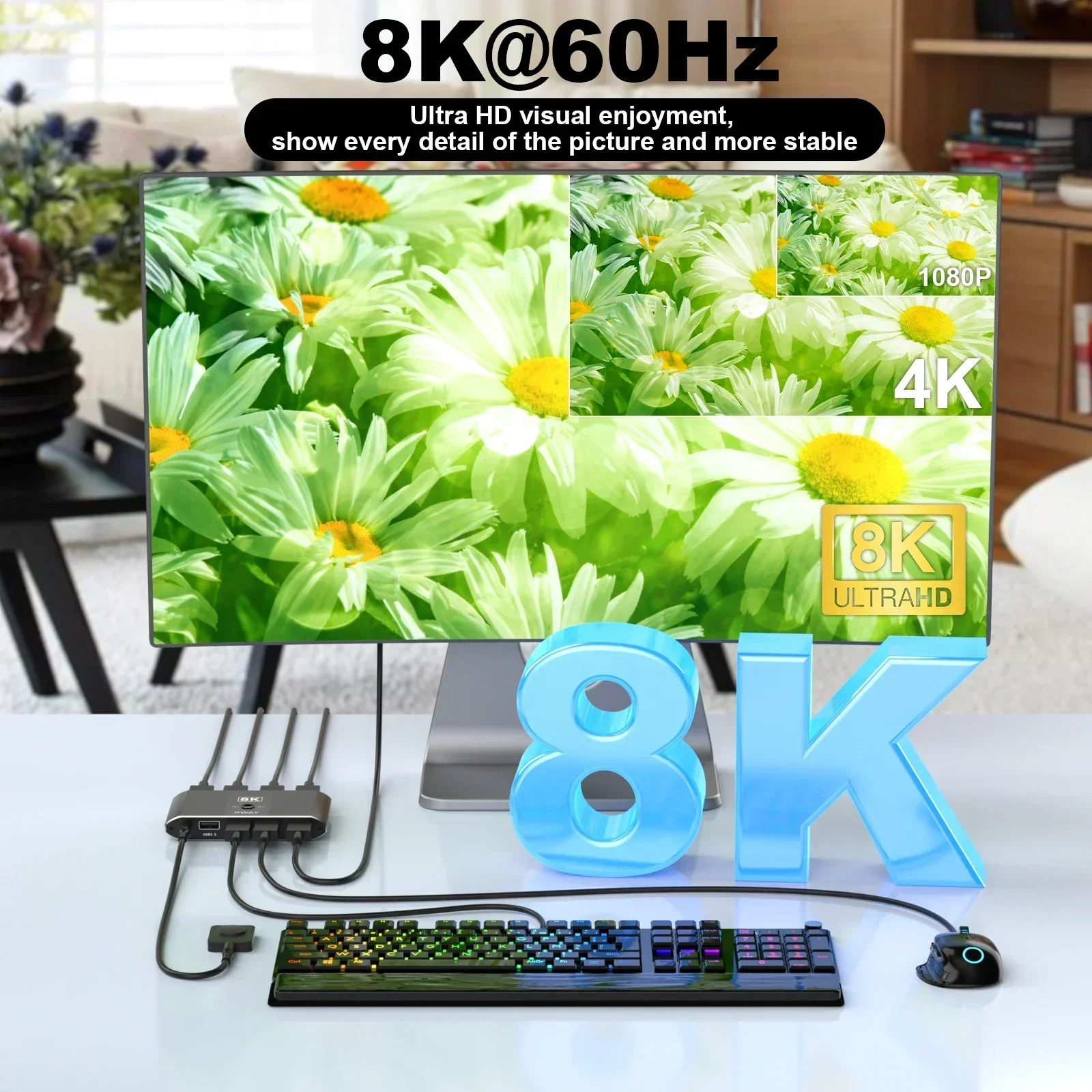 8K@60Hz KVM Switch Share Keyboard Mouse Printer Between 2Computers and 1Monitor with Button Control and Desktop Remote Function