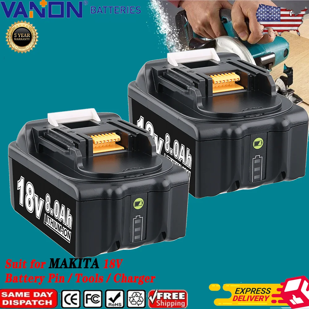 

VANON 2Pack 8.0Ah BL1860B Li-on Replace for Makita 18V Battery Pin,Suit for Makita 18V BL1815 BL1850 BL1890 Power Tools