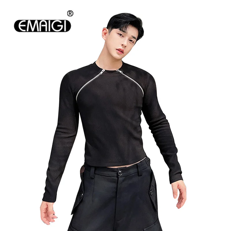 

Men Zipper Decorate Korean Streetwear Fashion Skinny Slim Fit Long Sleeve T-shirts Male Women Vintage T Shirts Unisex Tshirt