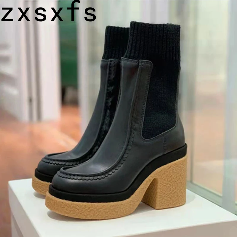 

Genuine Leather Women Knitted Socks Boots Designer Brand High Heel Short Boots Female Elastic Chelsea Boots Winter Boots 2023