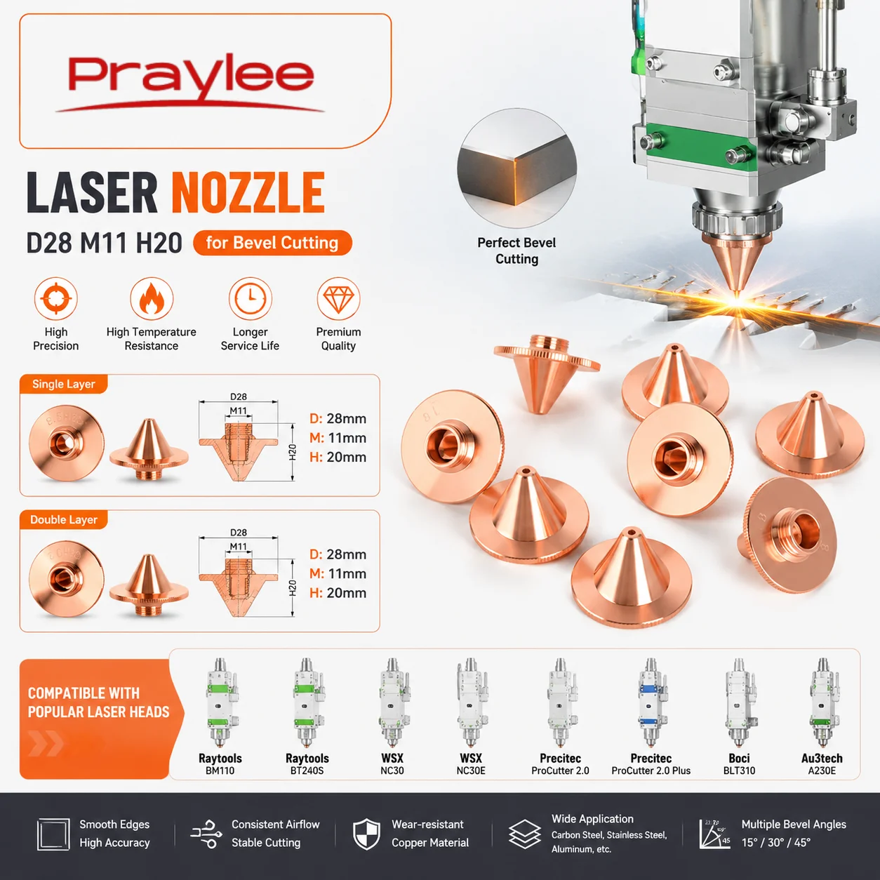 

Laser Bevel Cutting Nozzle D28 M11 H20 Single Double Layer BOCI Fiber Laser Cutting Machine Parts Copper Nozzles