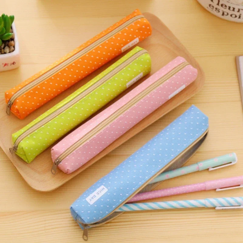 1 Pcs Cute Candy Color Pencil Case Kawaii Dot Canvas Pen Bag Stationery Pouch For Girls Gift Office School Supplies