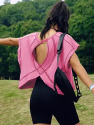 New Women Yoga Loose Backless Pure Color Blouse Casual Breathable Comfortable T-shirt Sports Gym Fitness Pilates Running Tops