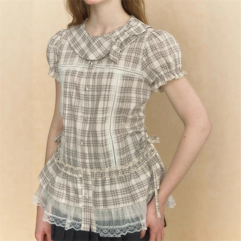 Camicia Y2k scozzese con colletto a palloncino in stile retrò americano Camicia estiva nuova in pizzo slim fit Camicie Abbigliamento femminile 1]1]