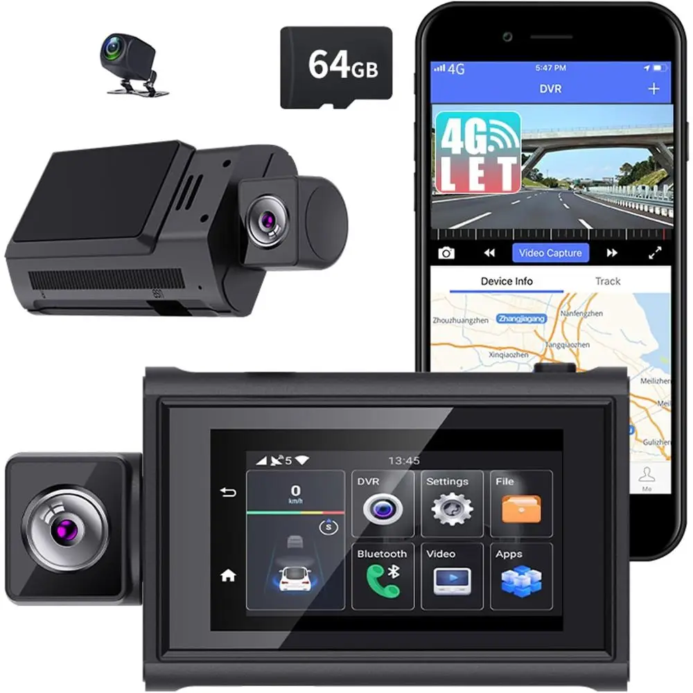 4G LTE Car Camera with Dual HD Cameras, ADAS, GPS, Remote Live View, and 24/7 Parking Monitoring