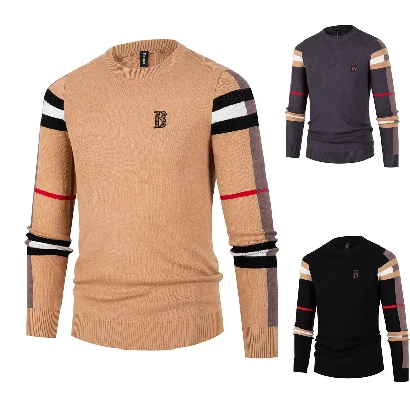 Automne et hiver hommes pull tricoté pull nouveau doux chaud rayé damier col rond pull décontracté mode hommes vêtements