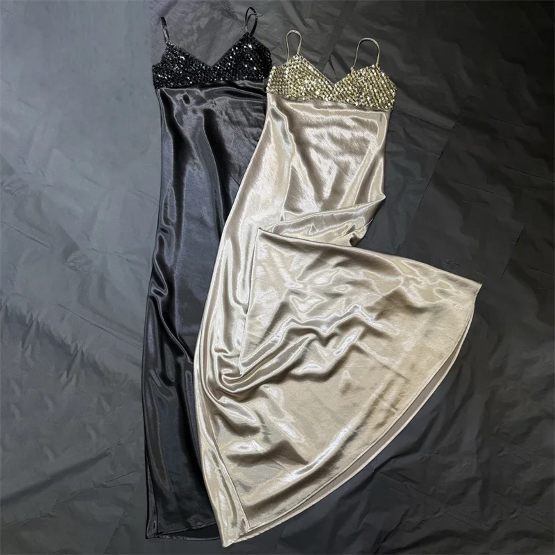 

Женское платье: Новинка весны 2026 – атласное облегающее платье-комбинация без рукавов с пайетками и бисером, длинное, с открытой спиной, для вечеринок