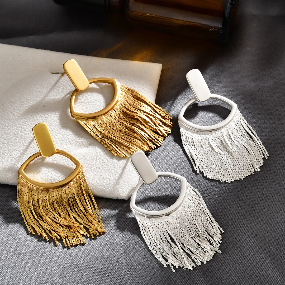 European Style Chain Tassel Long Drop Earrings Matte Gold Exaggerated Commuter Fashion Atmosphere Ear Ornaments For Women