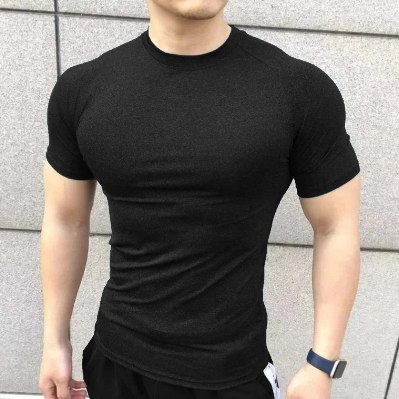 Plain Compression Tight Mens Casual Sport Shirts Gym Bodybuilding Short Sleeve T-Shirts Summer Quick Dry Fitness Muscle Clothing