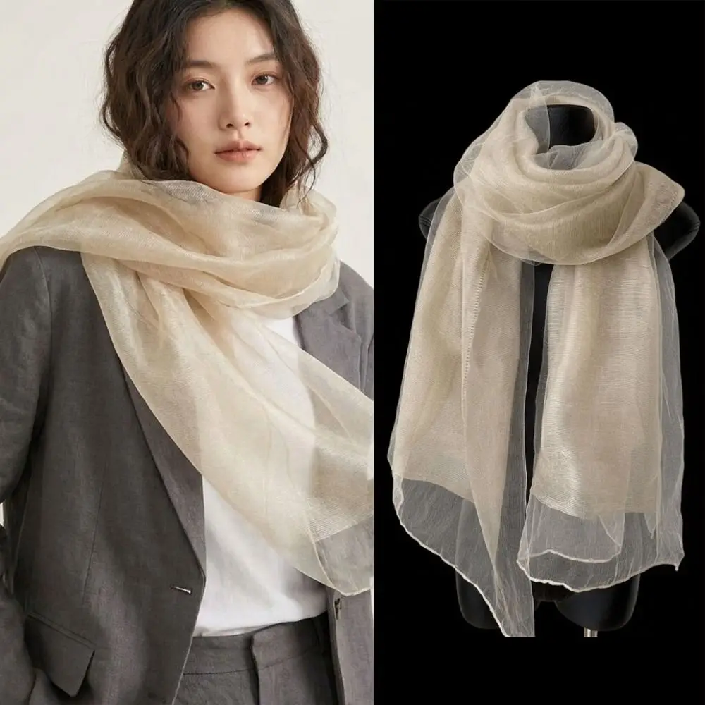 Elegant Solid Color Silk Scarf Long Thin Warm Shawl Organza Double Layer Wraps Women