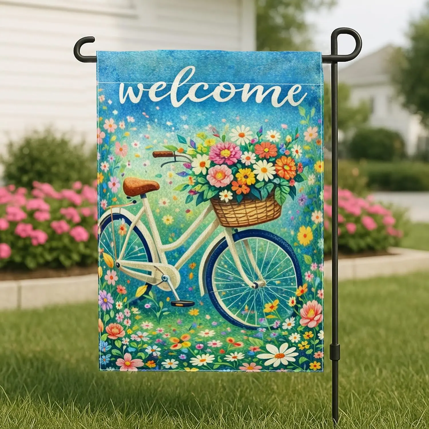 Bike Garden Flag, Spring Colorful Flowers Basket Spring Green Burlap Double Sided Yard Decorative Flags for Outdoor Lawn Fro AAS