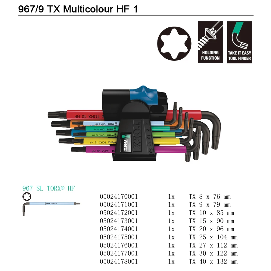 WERA 05024179001 9Pcs Short L-Shape Hex Spanner Set Wrench Set 967/9 TX Multicolour HF 1 Portable Hand Tools