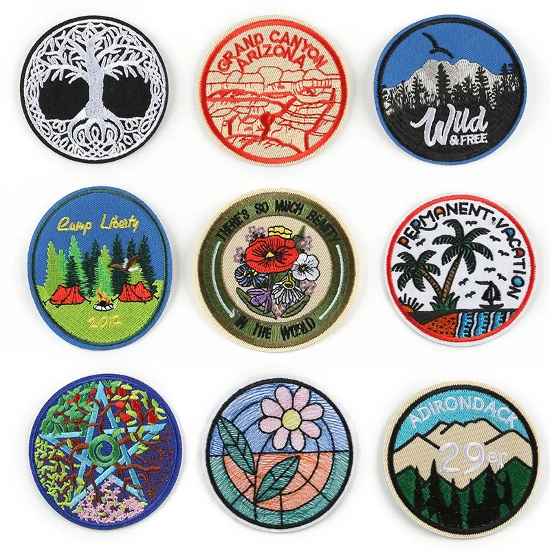 

50pcs/Lot Round Embroidery Patch Wild Flower Camp Painting Coconut Letter Clothing Decoration Heat Transfer Badge Craft Diy