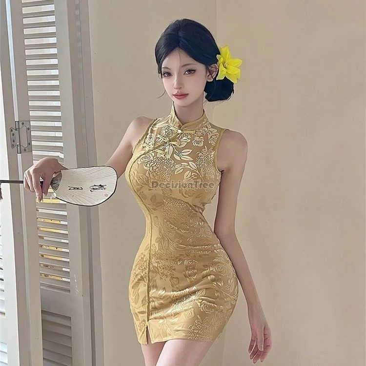 

Новинка 2025, улучшенное летнее китайское платье Cheongsam в стиле ретро, без рукавов, с воротником-стойкой, кружевное женское сексуальное утягивающее короткое платье Ципао