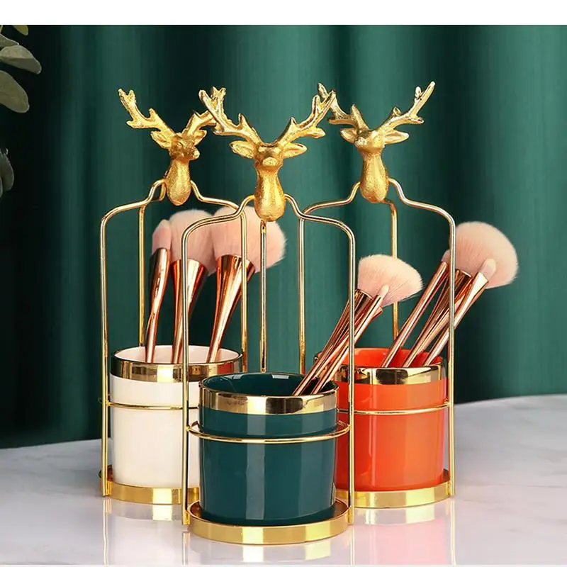 

Ceramic Storage Box Metal Bracket Pen Holder Household Detachable Cosmetics Makeup Brush Box Room Golden Deer Head Storage Racks