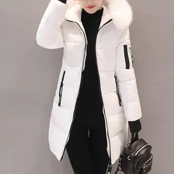 Image Cotton Coat with Faux Fur Collar Windproof Hooded Winter Cotton Coat with Zipper Pockets for Women Thickened Padded Stuffed Mid