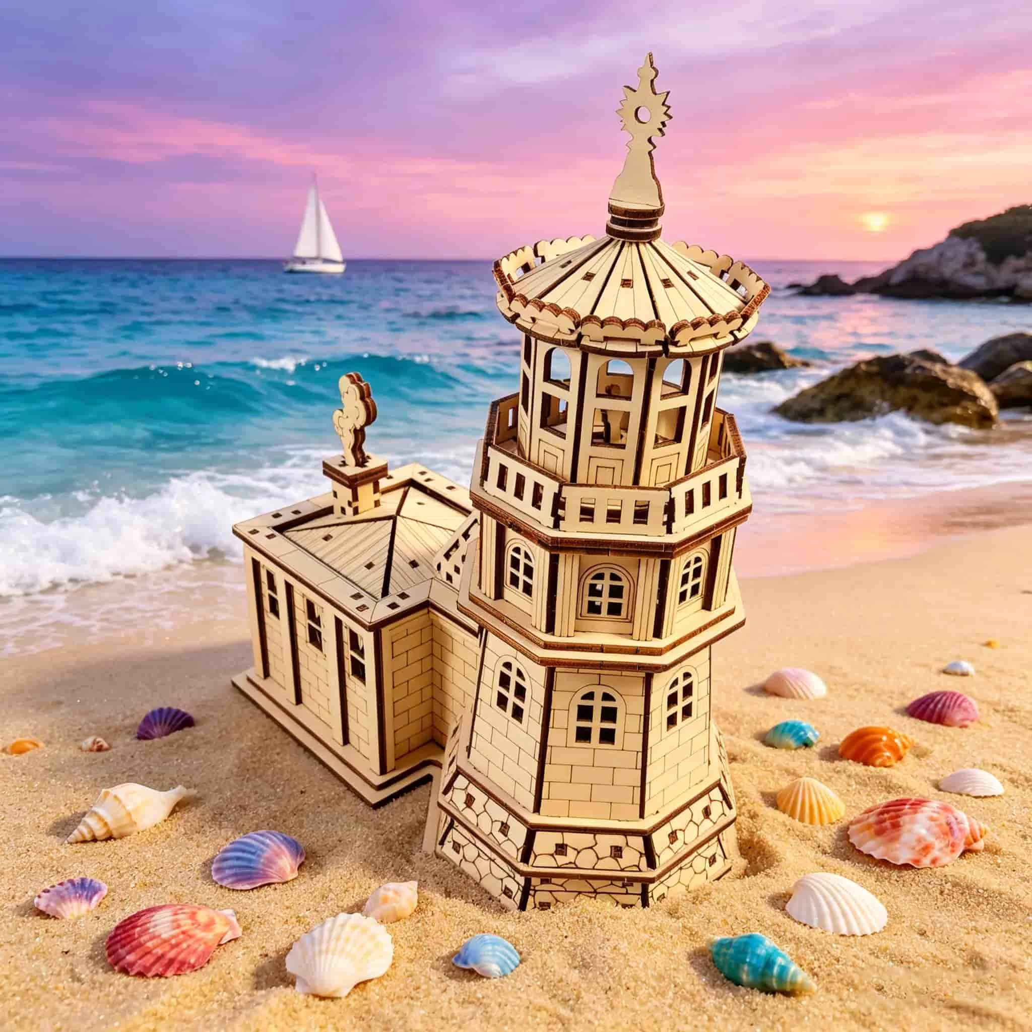 Wooden Lighthouse 3D Puzzle - DIY Assembly Coastal Tower & Seaside Cottage Model