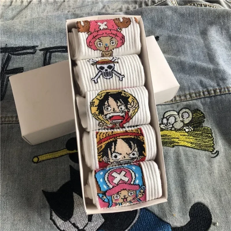 5 pares de calcetines de una pieza de Anime dibujos animados Luffy Chopper estudiante algodón blanco largo corto barco calcetines impresos calcetines de punto regalo para niños