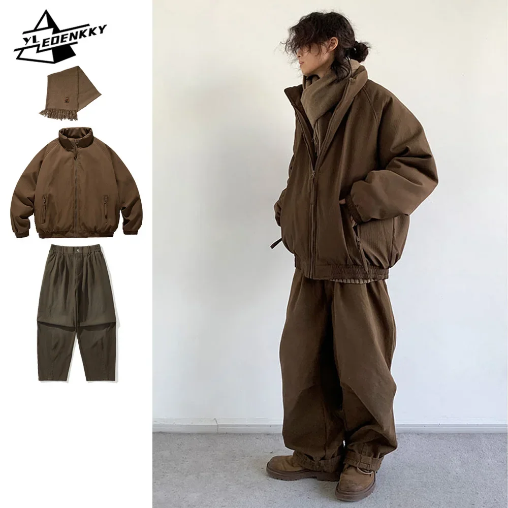 Zimowy zestaw retro mężczyźni kobiety zagęszczona ciepła lekka parka + luźne proste nogawki szerokie nogawki Casual Cargo spodnie japoński garnitur unisex