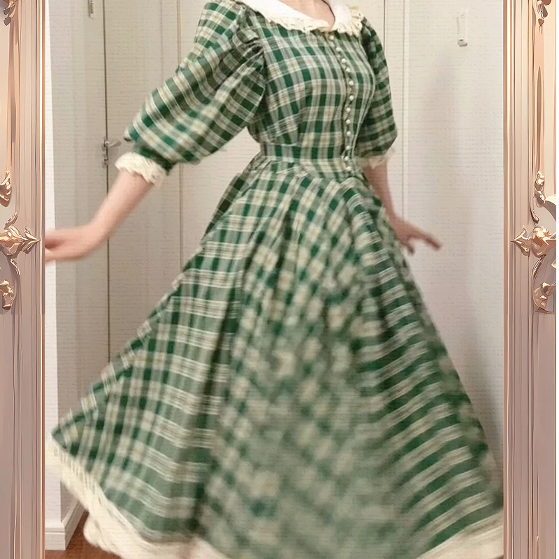 AnXin SH princess Retro French green check white flower lace v neck button short sleeve ruffles bow customized evening dress