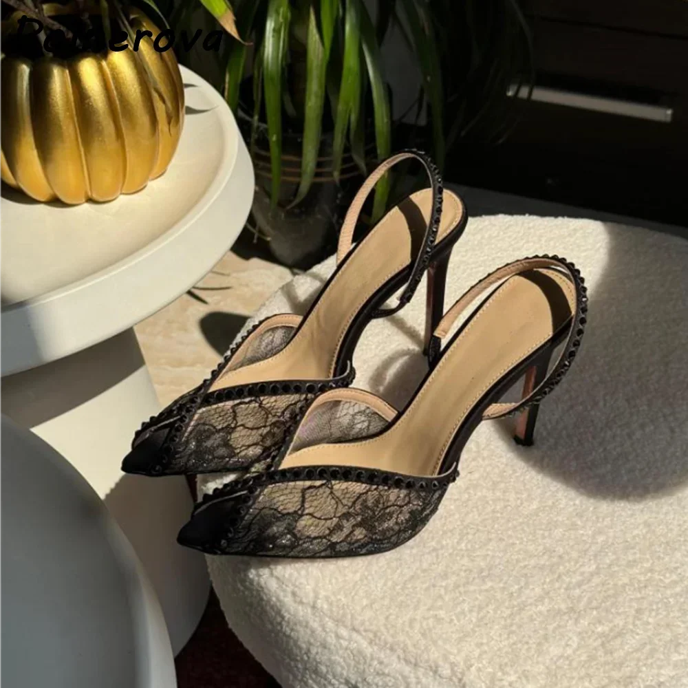 Lace Rhinestone Sandals Slingback White Black Peep Pointy Toe Ankle Band Women\'s Shoes Elegant Summer Solid Party Shoes 2025 - view 5