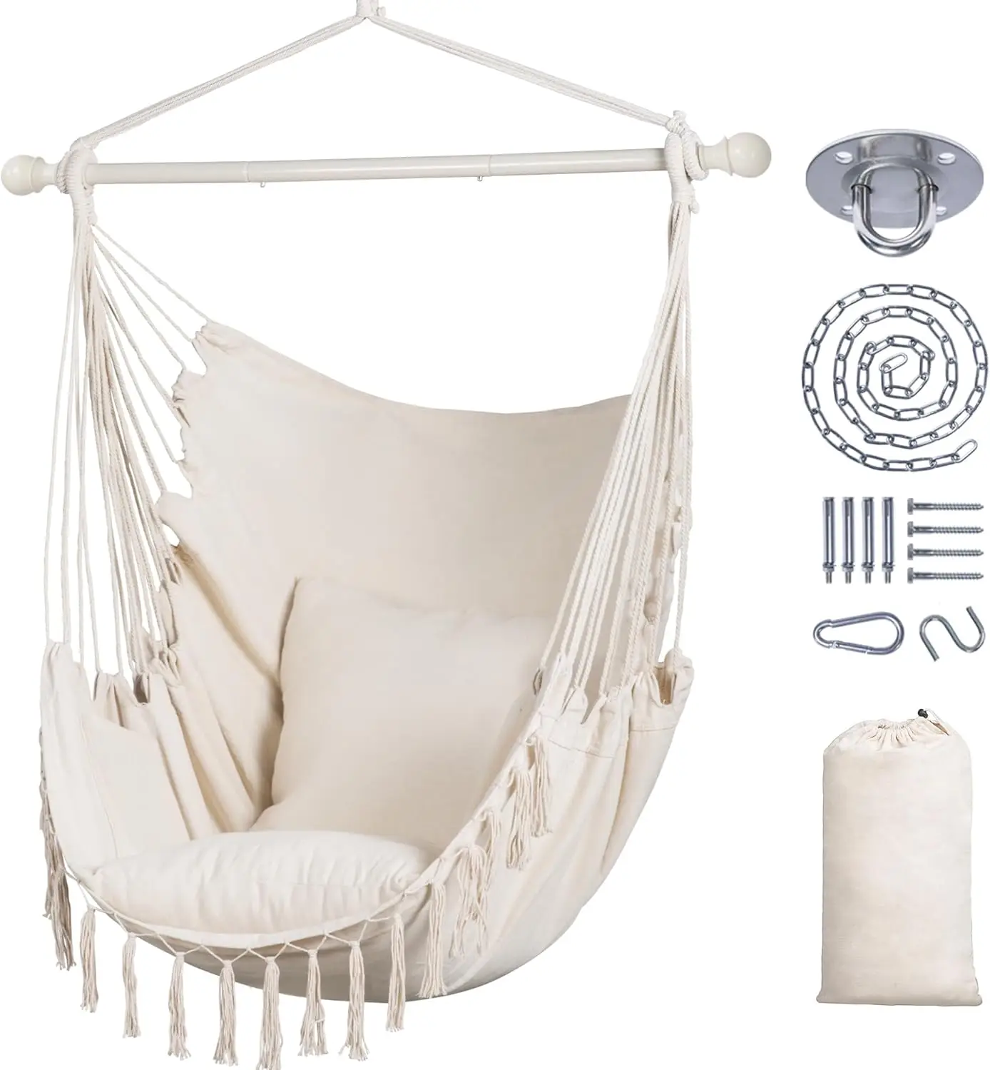 

Extra Large Macrame Hanging Swing Chair with Side Pocket and Cushions, Max 450lbs Capacity, Beige