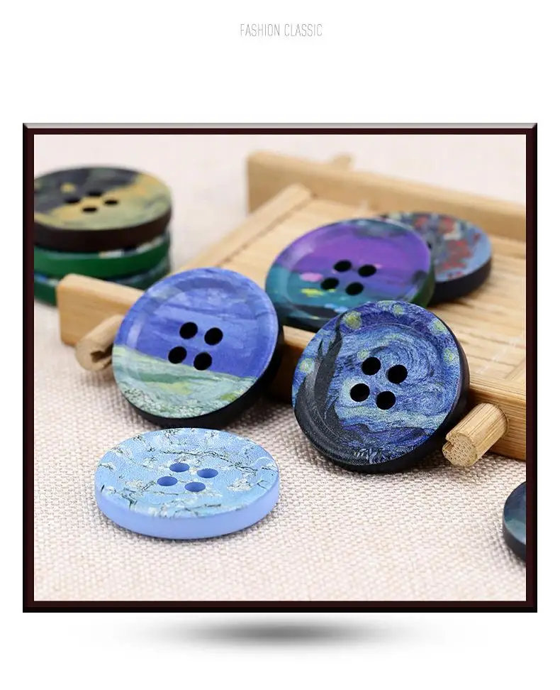 6pcs Novelty Oil Painting Style Resin DIY Buttons For Clothing Luxury Four Eye Button Overcoat Suit Decoration Sewing Accessory