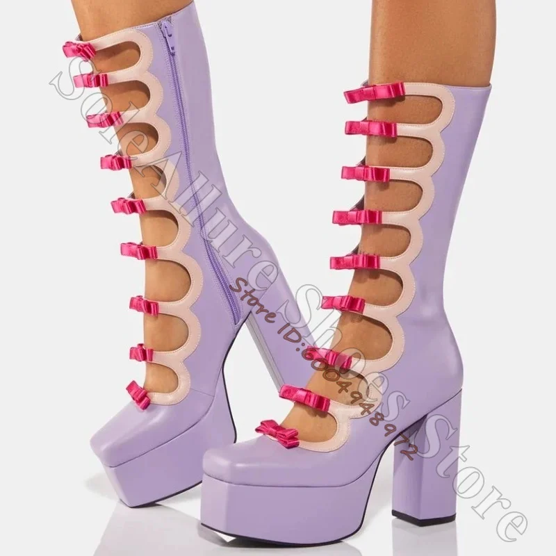 Hot Pink Bow Wavy Cutout Platform Knee High Boots Lilac Pastel Purple Square Toe Chunky Block Heel Tall Boots Cute Party Sandals