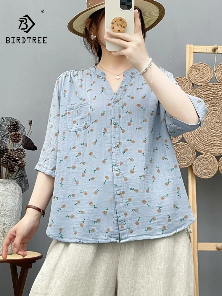 

New 2026 Summer Women Cotton Yarn Half Sleeve Shirt, V Neck Printed, Mori Girl Breathable Sweet Casual Loose Blouse T66495CC