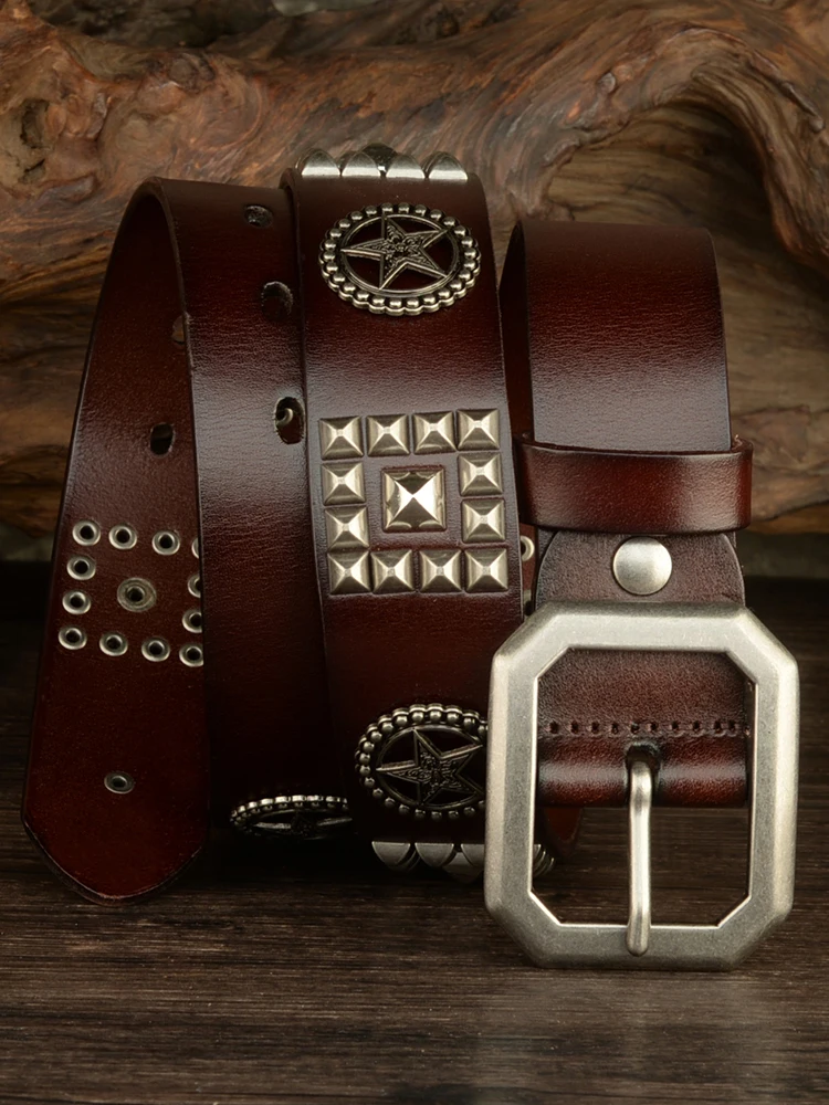 High Quality Men Belts Top Full Grain 100% Top Grain Real Genuine Cowskin Leather Rivet Pin Buckle Jeans Belt With Holes