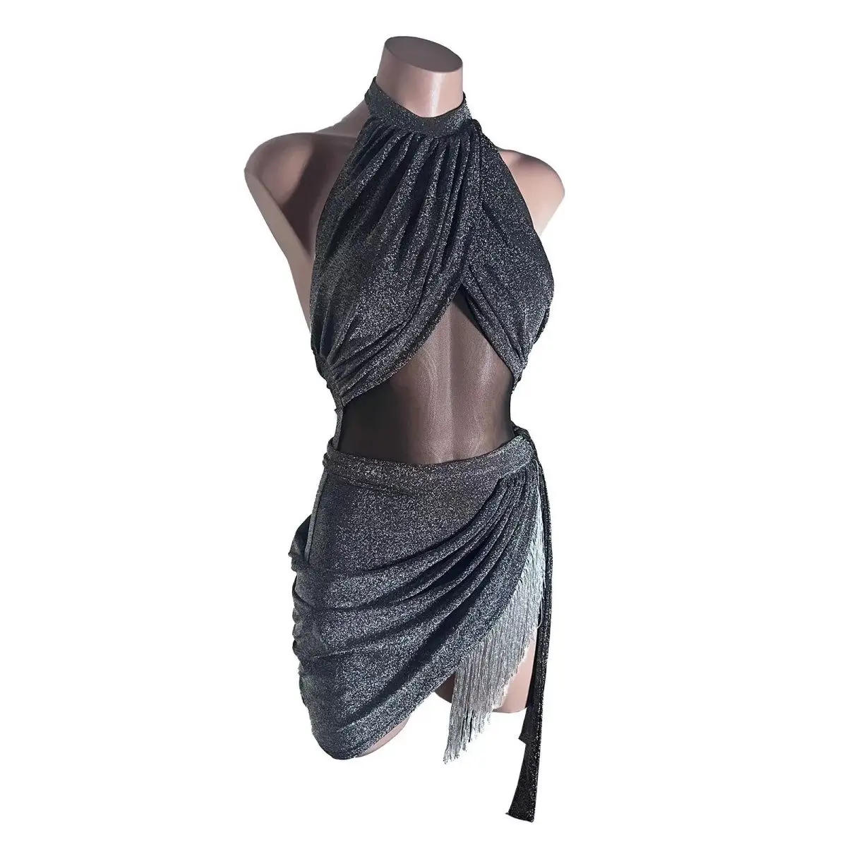 Women Latin Dance Dress Suit Shiny Sleeveless Backless Top Fringed Skirt Samba Chacha Rumba Ballroom Training Performance Set