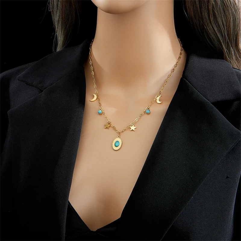 DIEYURO 316L Stainless Steel Green Stone Crystal Necklace For Women Bohemian Ethnic Chain Choker Wedding Party Jewelry Gift