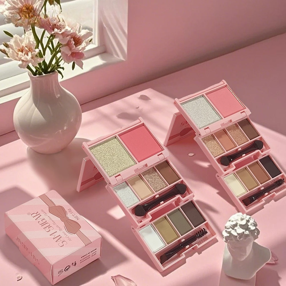 Przenośny zestaw do makijażu, składana konstrukcja z 10 kolorowymi odcinkami, wegańska formuła do makijażu podróżnego, do szybkiego uzupełniania makijażu i codziennego makijażu.