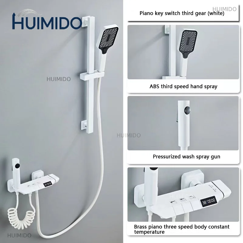 White Grey Deluxe Shower System Set Bathroom Rain Shower Faucet Set Brass LED Digital Bathtub Shower Faucet Full Set